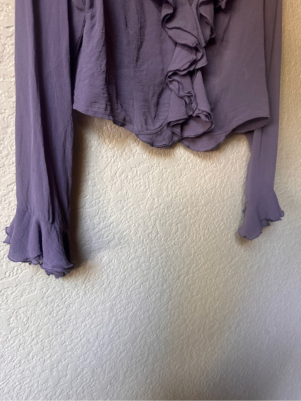 Ruffled Long-Sleeve V-Neck Blouse - Purple - Picture 6 of 7